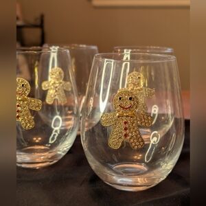 Set of Glasses with Gold Gingerbread Design And Crystals.